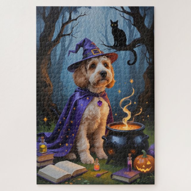 Puzzle Peinture fantaisiste d'Halloween de chien Cockapoo (Vertical)