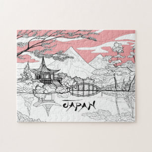 Puzzle Peinture linéaire du lac de montagne du temple jap