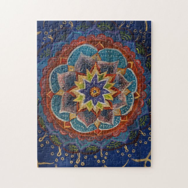 Puzzle Peinture Mandala verte, bleue, jaune (Vertical)
