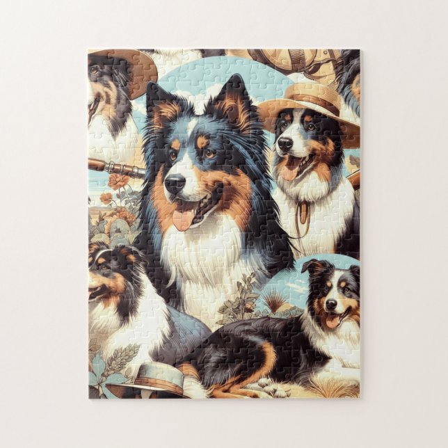 Puzzle Peinture rétro Australian Shepherd sans couture (Vertical)