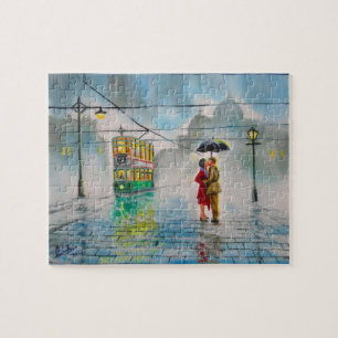 Puzzle peinture romantique de tram de parapluie de