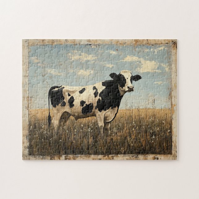 Puzzle Peinture rustique d'une vache dans une prairie écl (Horizontal)