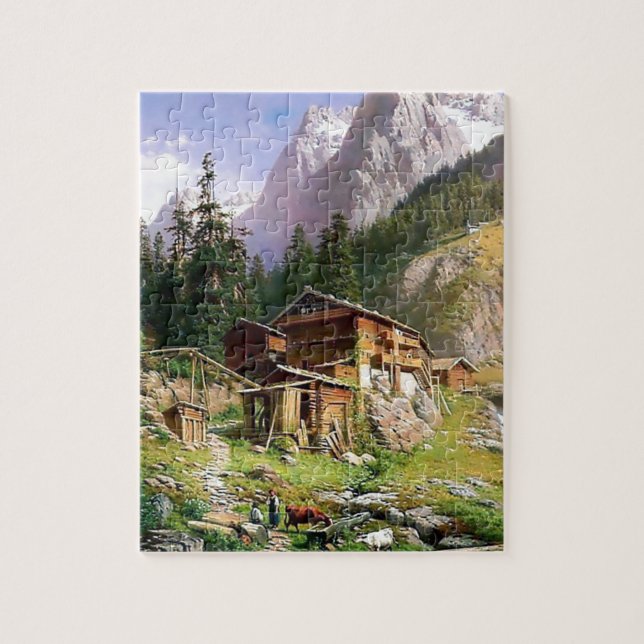 Puzzle Peinture suisse de cabine de rondin d'Alpes (Vertical)