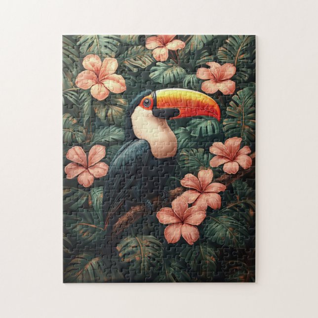 Puzzle Peinture Toucan Tropical Fleurs Roses (Vertical)
