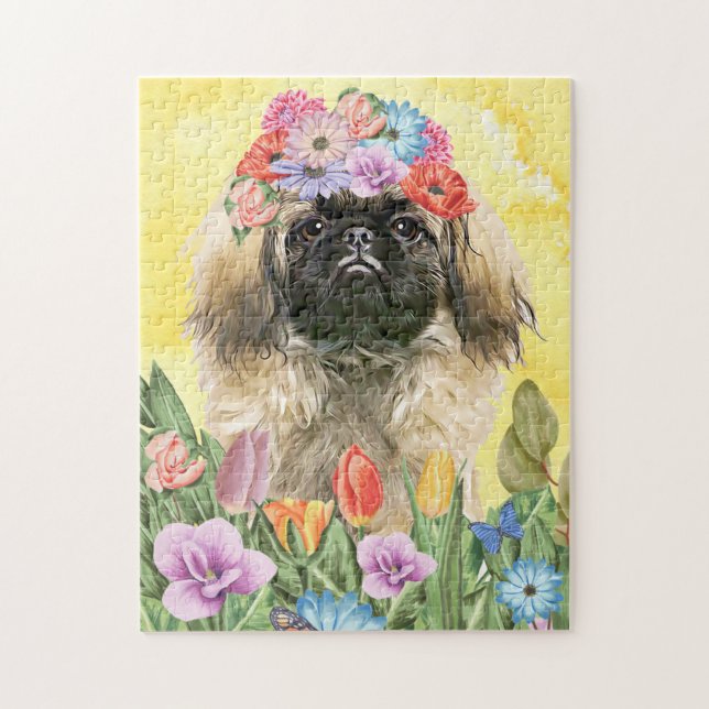 Puzzle Pekingese Chien avec Fleurs Printemps (Vertical)