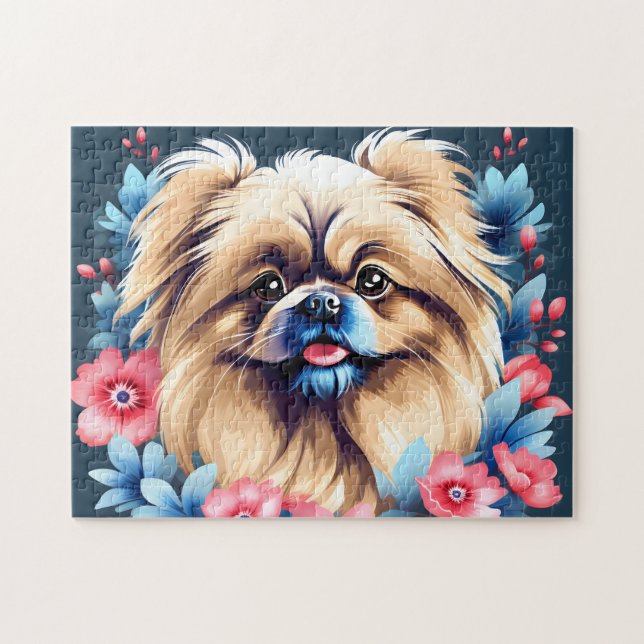 Puzzle Pekingese Chien Floral Élégant (Horizontal)