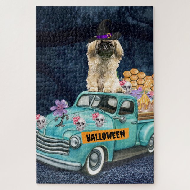 Puzzle Pekingese Chien Halloween Camion Effrayant Nuit (Vertical)