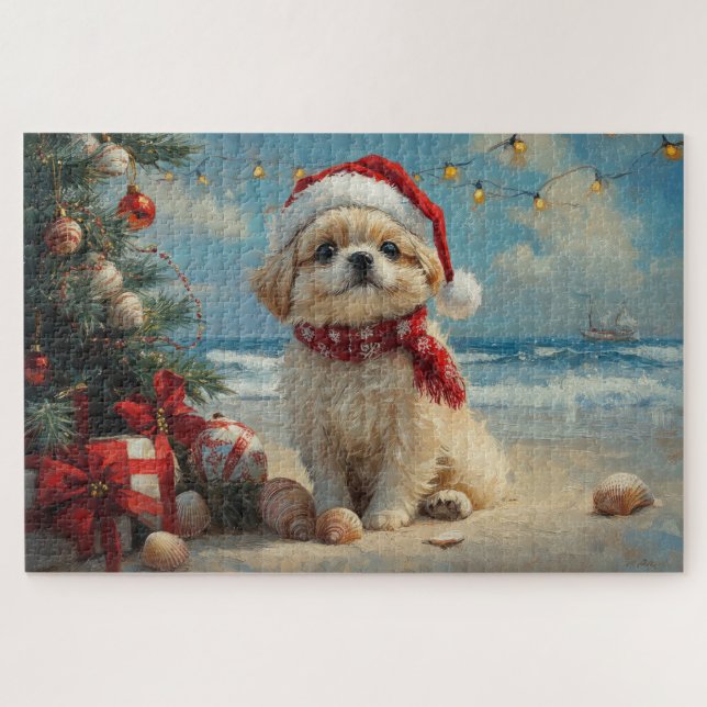 Puzzle Pekingese Chien Noël Plage Vintage (Horizontal)