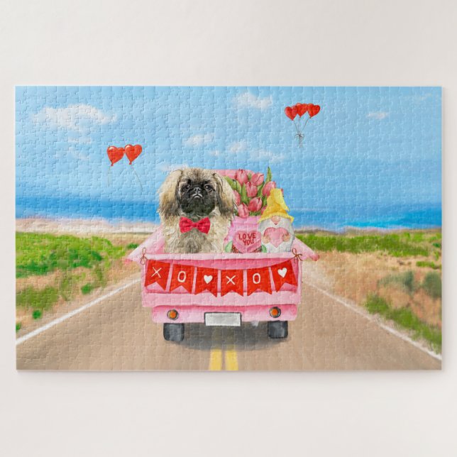 Puzzle Pekingese Chien Saint Valentin Coeurs de Camion (Horizontal)