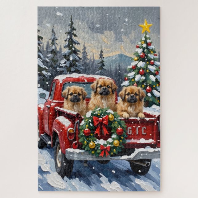 Puzzle Pekingese Christmas Red Truck Holiday (Vertical)