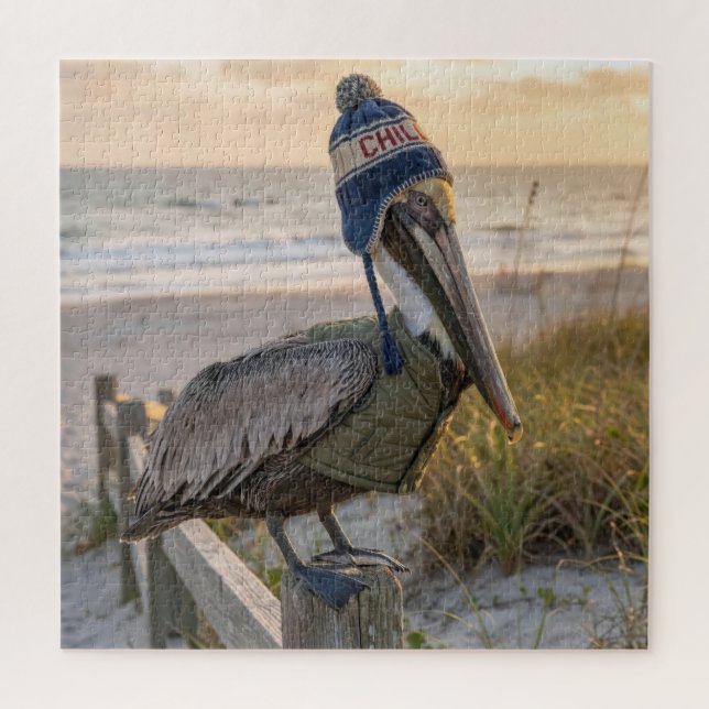 Puzzle Pelican Wearing a Winter Hat (Vertical)