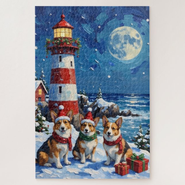 Puzzle Pembroke Welsh Corgi Noël Phare Vacances (Vertical)