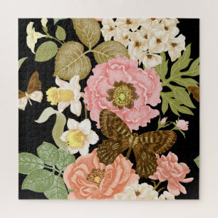 Puzzle Peonies Roses vintages : Motif Floral Noir