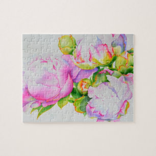 Puzzle Peonis, rose, blanc, aquarelle florale