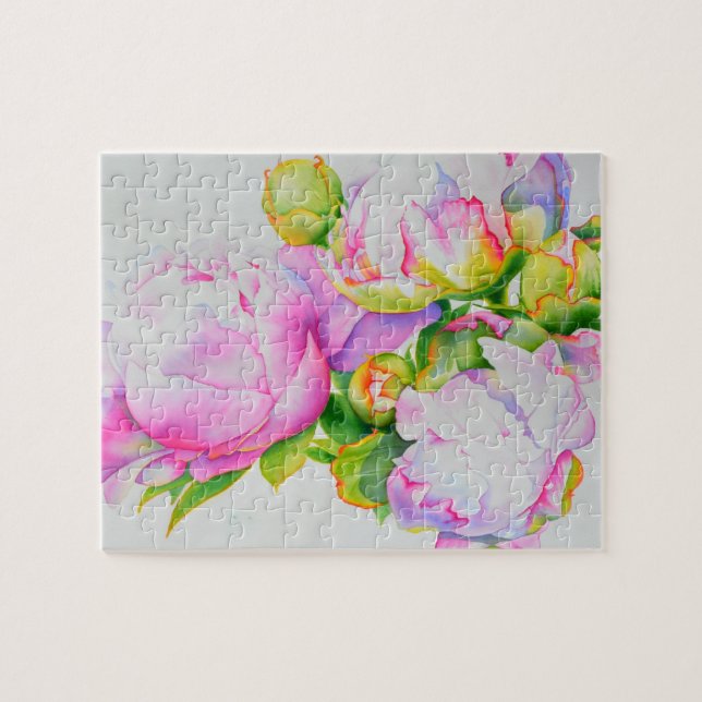 Puzzle Peonis, rose, blanc, aquarelle florale (Horizontal)