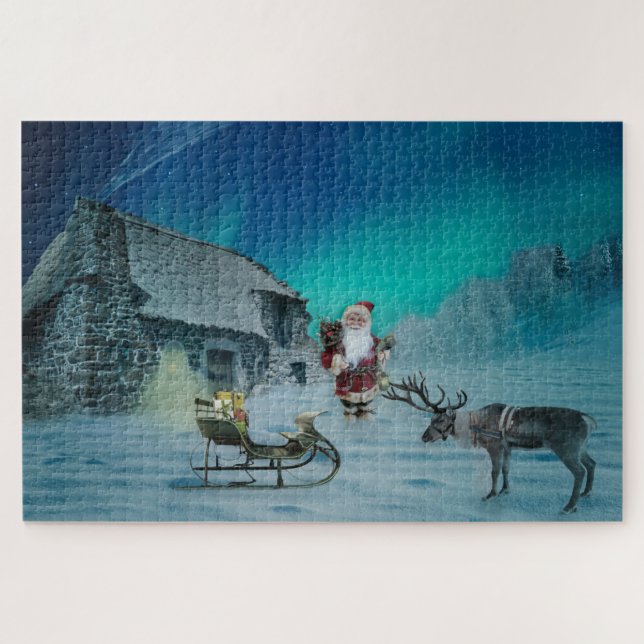 Puzzle père Noël avec Reindeer Aurora Borealis (Horizontal)