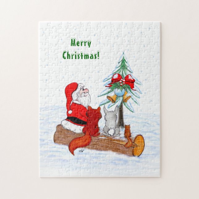 Puzzle Père Noël avec Renard de lapin et écureuil (Vertical)