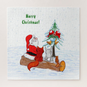 Puzzle Père Noël avec Renard de lapin et écureuil