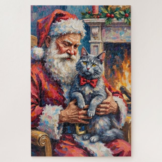Puzzle Père Noël Chat Bleu Oriental Art de Noël (Vertical)