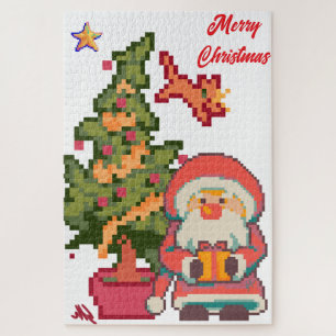 Puzzle Père Noël, chat volant étoile, Pixel Art