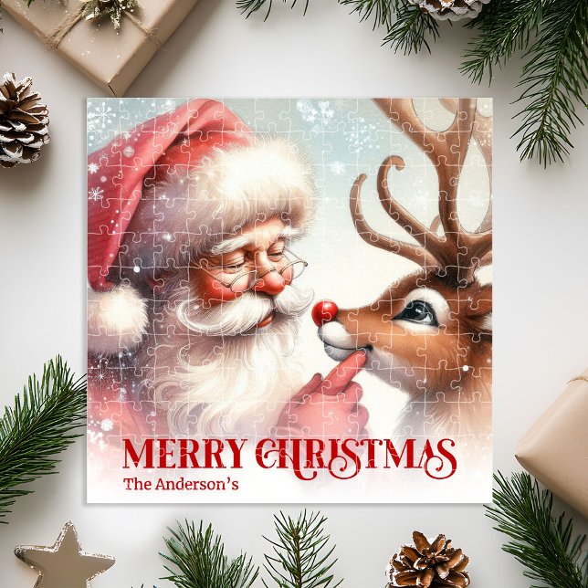 Puzzle Père Noël classique et cadeau de vacances personna (Classic Santa and Rudolph Custom Kids Holiday Puzzle)
