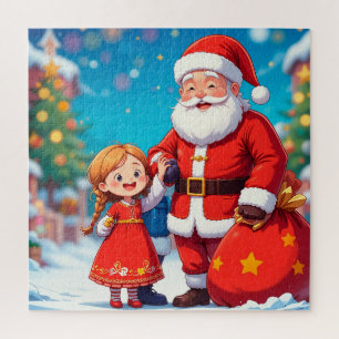 Puzzle Père Noël et fille avec un sac de cadeaux