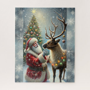 Puzzle Père Noël Et Reindeer, Forêt Neige, Arbre De Noël