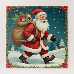 Puzzle Père Noël livrant des cadeaux à travers une forêt
