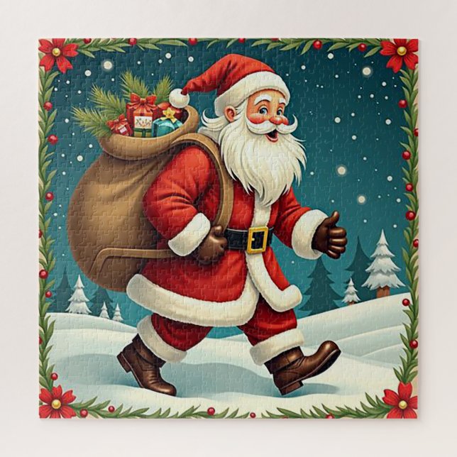 Puzzle Père Noël livrant des cadeaux à travers une forêt  (Vertical)