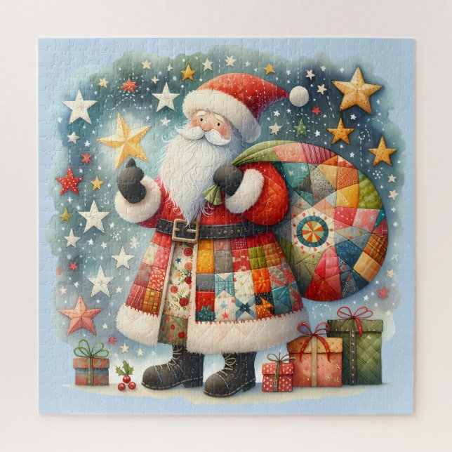 Puzzle Père Noël patchwork matelassé avec étoiles de Noël (Vertical)