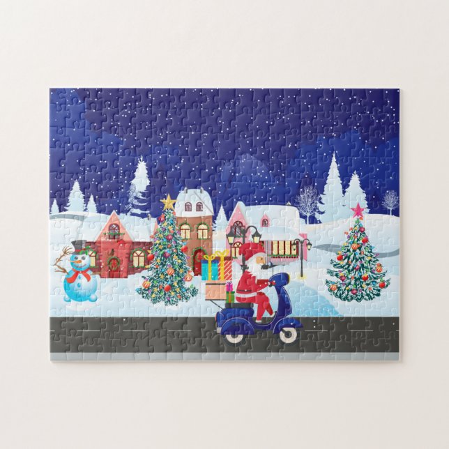 Puzzle Père Noël ride scooter dans la ville de nuit (Horizontal)