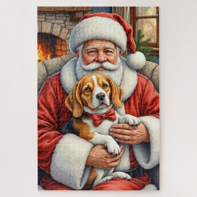 Puzzle Père Noël tenant l'art de Noël Beagle (Vertical)