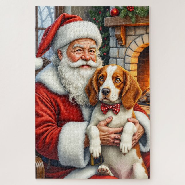 Puzzle Père Noël tenant l'art de Noël Brittany Spaniel (Vertical)