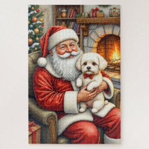 Puzzle Père Noël tenant l'art de Noël de Bichon Frise