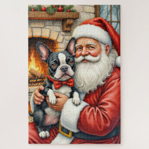 Puzzle Père Noël tenant l'art de Noël de Boston Terrier