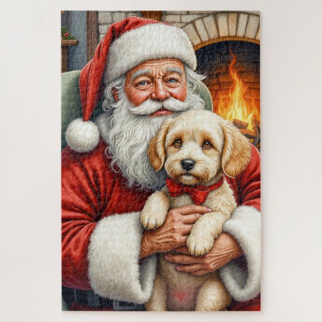 Puzzle Père Noël tenant l'art de Noël de Cockapoo (Vertical)