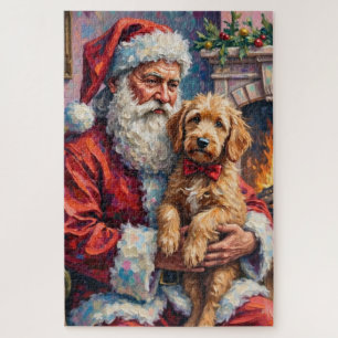 Puzzle Père Noël tenant l'art de Noël de Goldendoodle