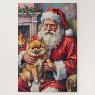 Puzzle Père Noël tenant l'art de Noël de Pomeranian