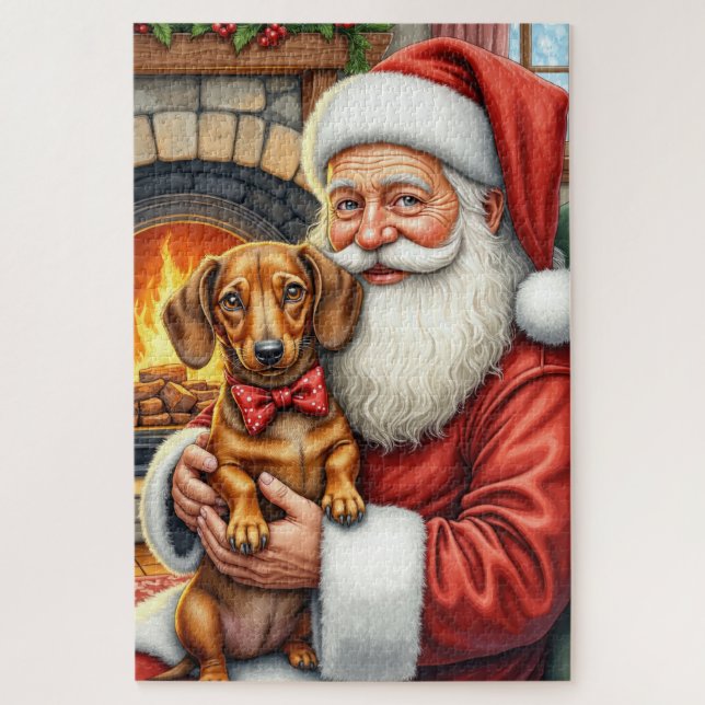 Puzzle Père Noël tenant l'art de Noël de teckel (Vertical)