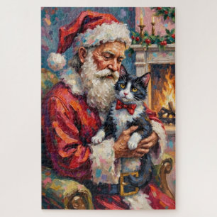 Puzzle Père Noël tenant l'art de Noël du chat smoking