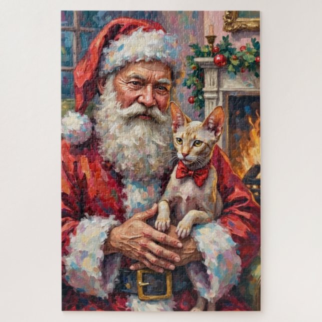 Puzzle Père Noël tenant l'art de Noël du chat Sphynx (Vertical)