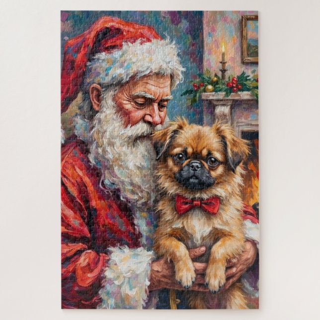 Puzzle Père Noël tenant l'art de Noël du Pékinois (Vertical)