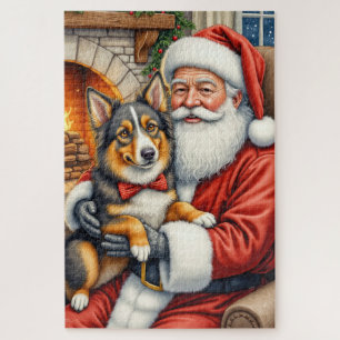 Puzzle Père Noël tenant un berger australien à Noël
