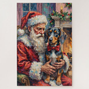 Puzzle Père Noël tenant un Bluetick Coonhound à Noël