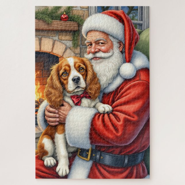 Puzzle Père Noël tenant un Cavalier King Charles Spaniel  (Vertical)