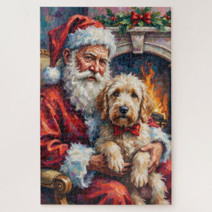 Puzzle Père Noël tenant un Old English Sheepdog pour Noël