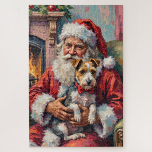 Puzzle Père Noël tenant un Wirefox Terrier - Art de Noël