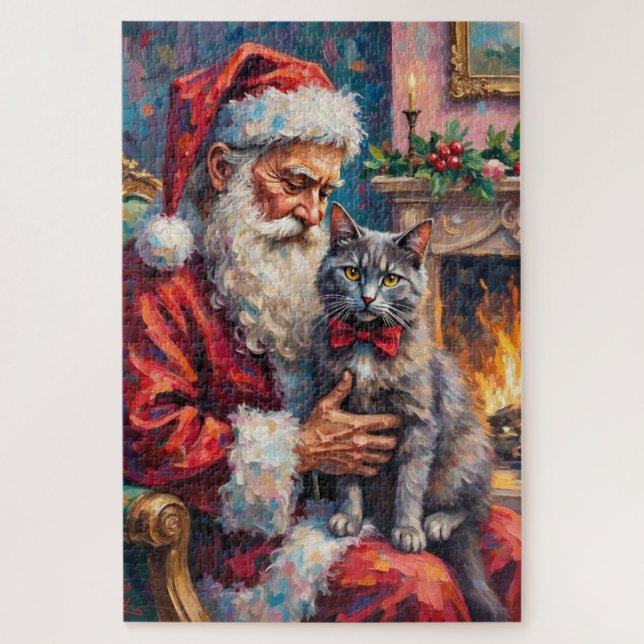 Puzzle Père Noël tenant une illustration de Noël de chat  (Vertical)