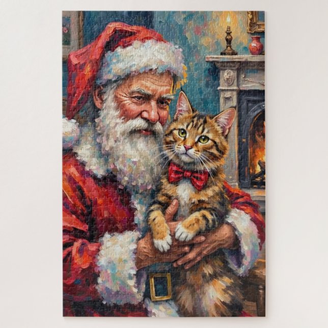 Puzzle Père Noël tenant une illustration de Noël de chat  (Vertical)