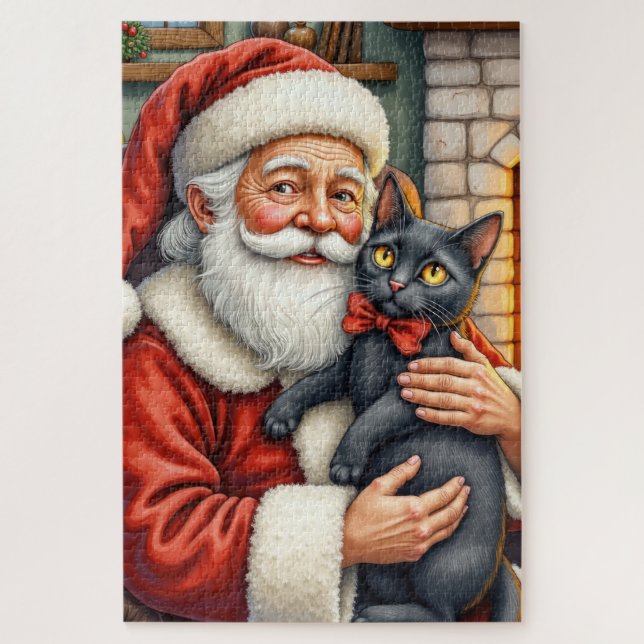 Puzzle Père Noël tenant une illustration de Noël de chat  (Vertical)